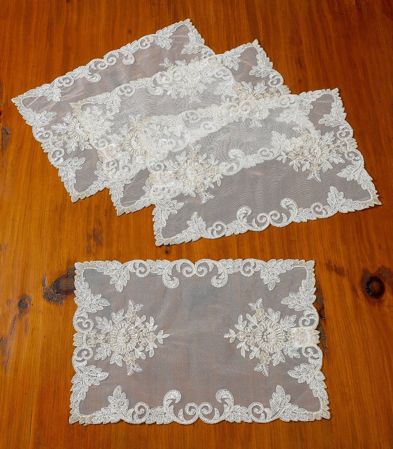 Violet Linen Orchid Decorative Embroidered Lace Placemat, Set of 4, 12" x 18", Ivory